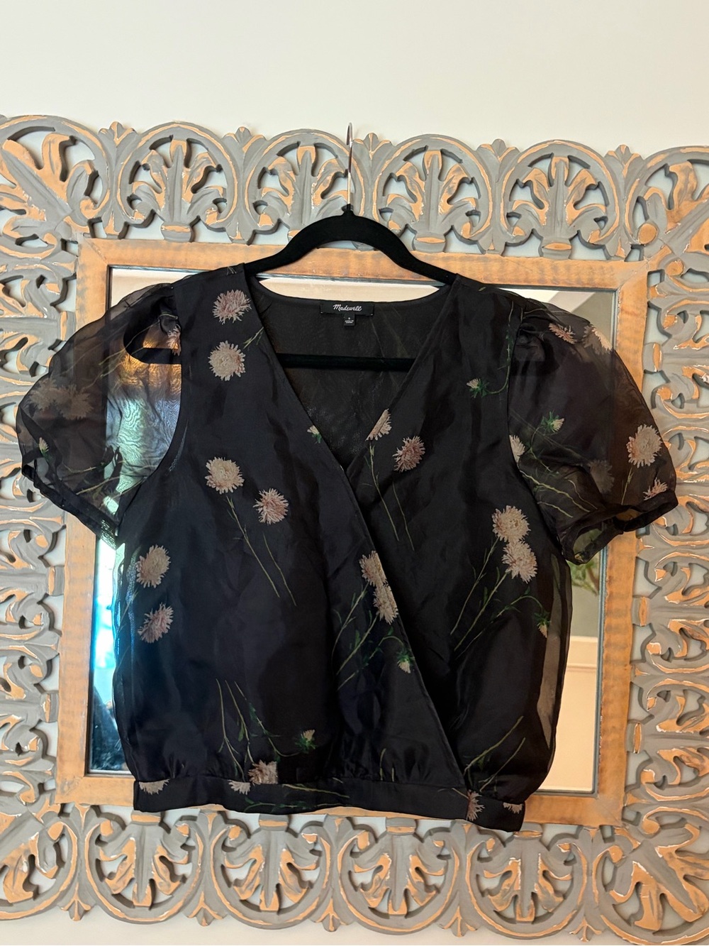 Madewell size small silk Black Floral Puff Sleeve Wrap Top